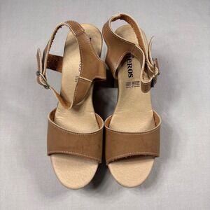 Eros Women‎ Tan Faux Leather Platform Block Heel Sandals Wood Grain Retro